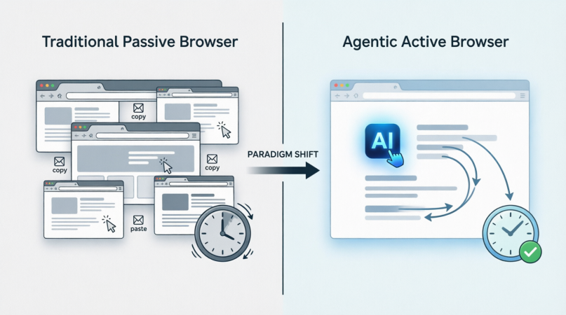 Figura 1-2: Navegador Tradicional vs. Navegador Agente — Comparación del Paradigma de Interacción