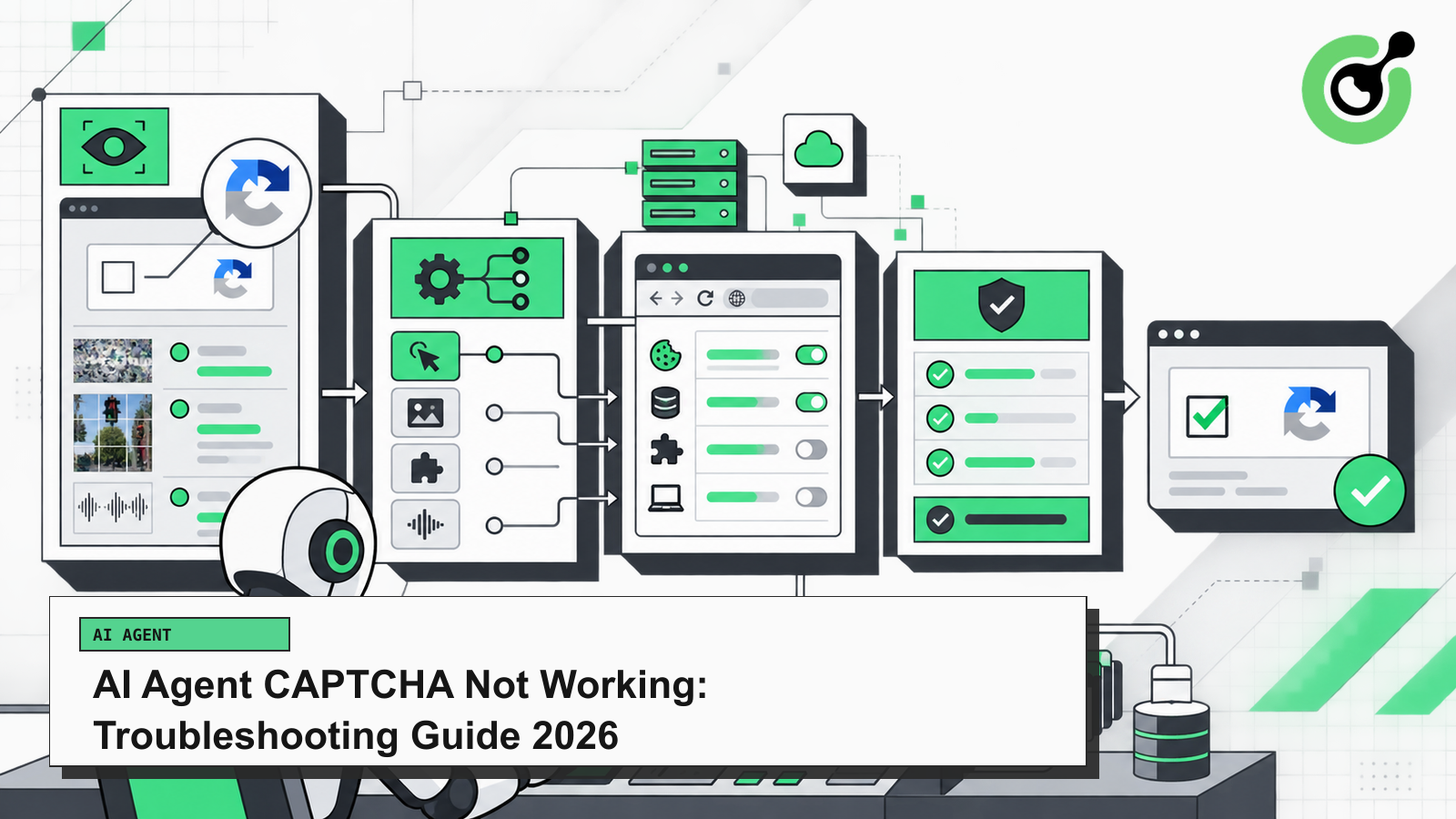 Painel de solução de problemas de agente de IA CAPTCHA separando detecção, falhas em ferramentas, navegadores e aplicações