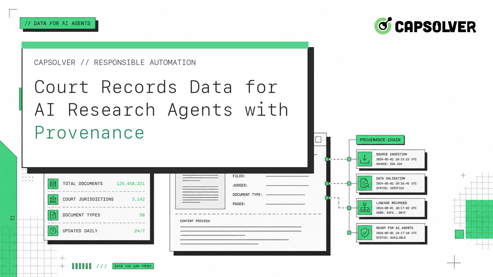 Court records data for AI research agents with provenance and redaction controls