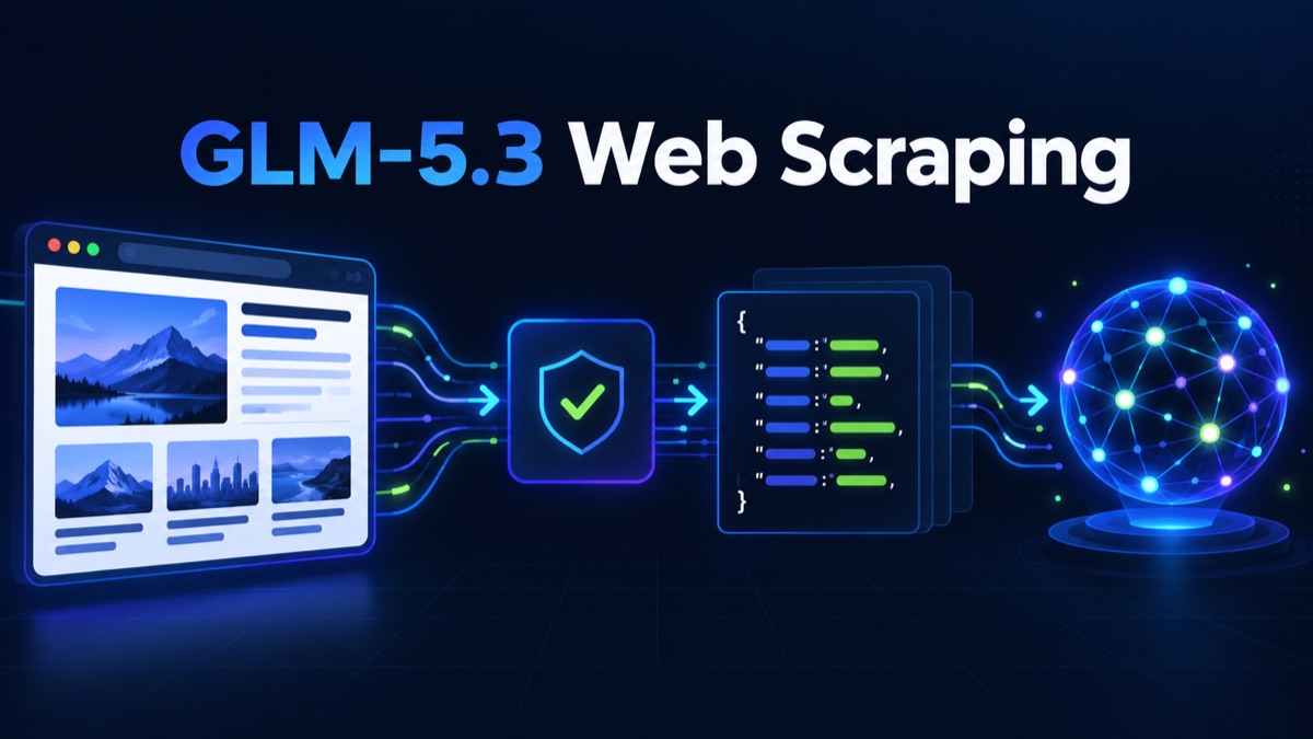 GLM-5.3ウェブスクレイピングパイプラインがブラウザページ、検証チェックポイント、構造化されたJSON、およびAI抽出を表示しています。