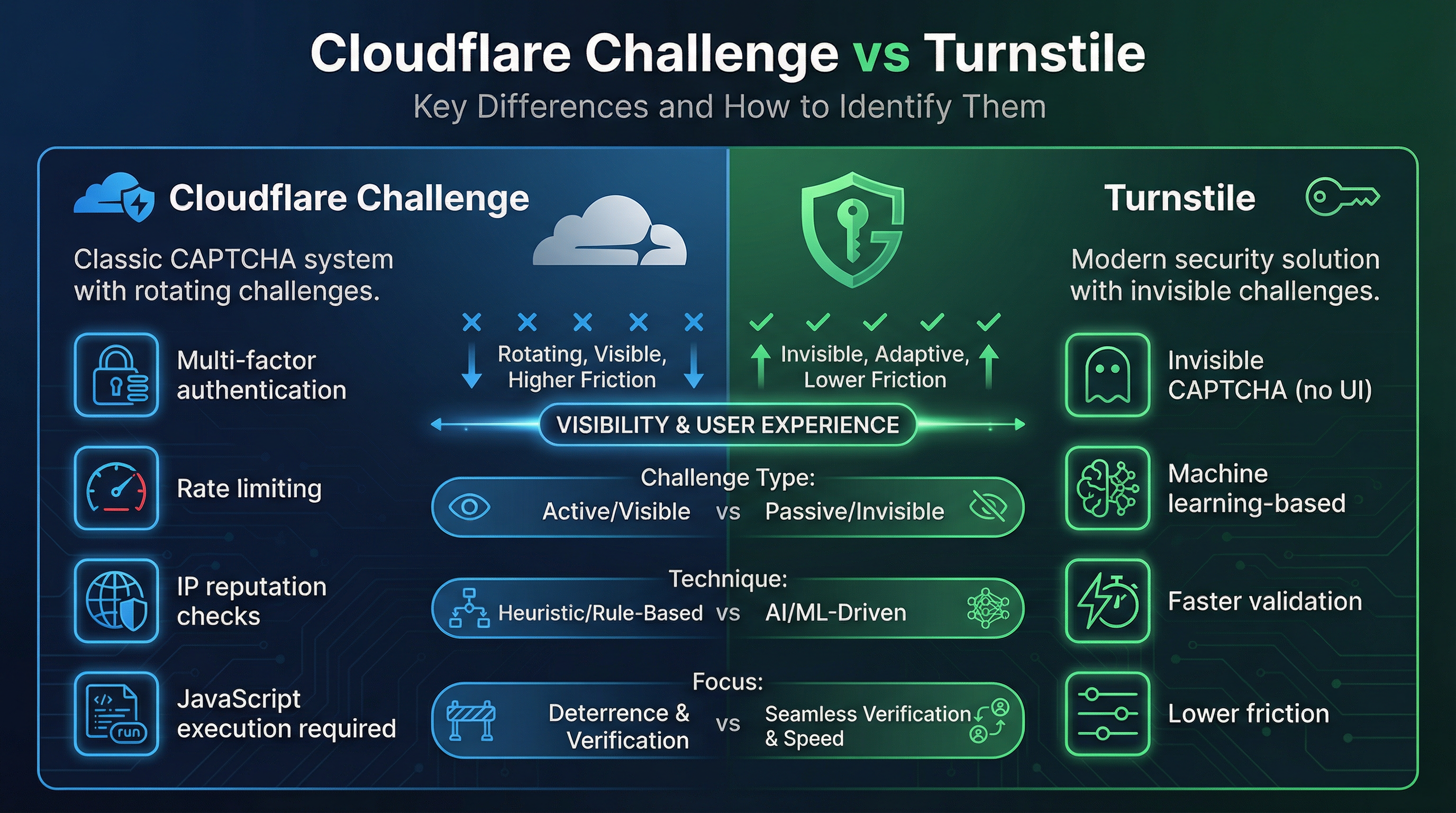 Technical flow chart comparing Cloudflare Challenge network-level block and Turnstile form-level integration