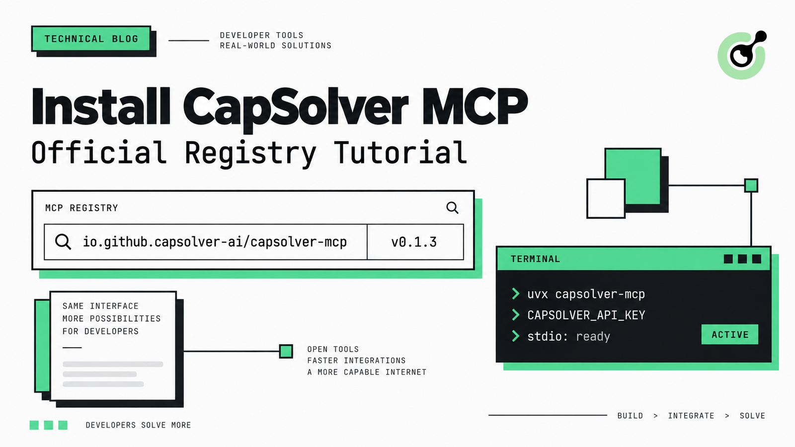 CapSolver MCP Official Registry tutorial showing the registry record, uvx command, API key variable, and active stdio status