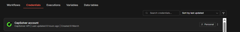 Trang chứng chỉ n8n hiển thị tài khoản CapSolver