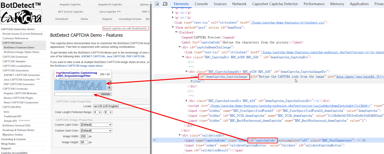 BotDetect CAPTCHA image, input, and validation elements inspected in the browser