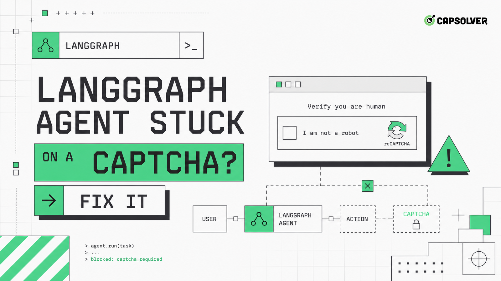 Grafo de estados em loop CAPTCHA do agente LangGraph com estado de desafio, interrupção, aresta de recuperação e política de parada