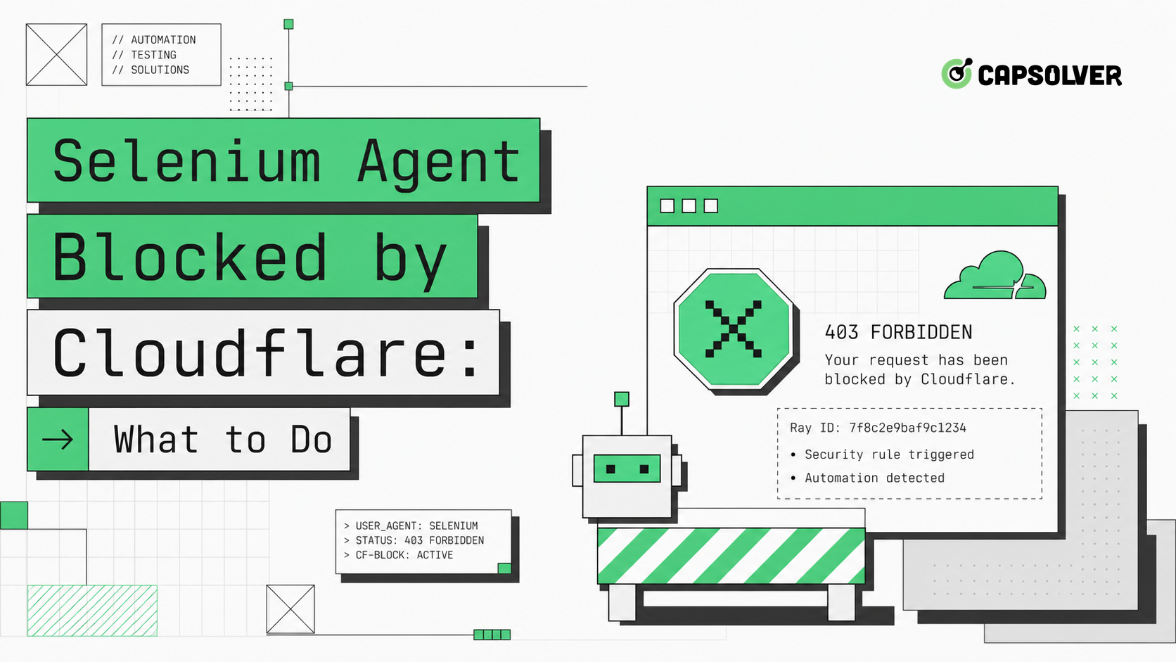 UI-style cover showing a Selenium agent blocked by Cloudflare and recovery steps